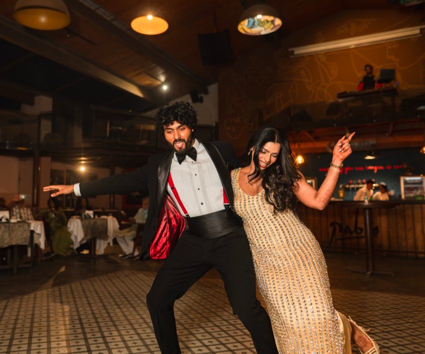 Shweta and Binoy mid-step